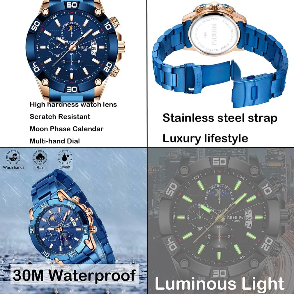 NIBOSI Watches for Men Fashion Stainless Steel Business Casual Luxury Waterproof Luminous Dress Analog Chronograph Luminous Large Big Face Dad Father Gifts Gold Black Wrist Watch