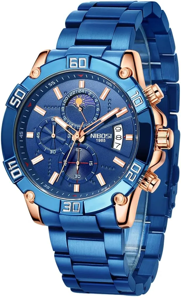 NIBOSI Watches for Men Fashion Stainless Steel Business Casual Luxury Waterproof Luminous Dress Analog Chronograph Luminous Large Big Face Dad Father Gifts Gold Black Wrist Watch