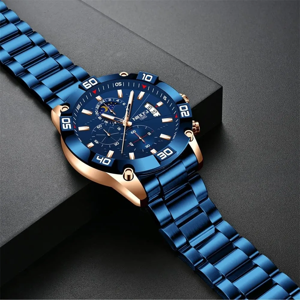 NIBOSI Watches for Men Fashion Stainless Steel Business Casual Luxury Waterproof Luminous Dress Analog Chronograph Luminous Large Big Face Dad Father Gifts Gold Black Wrist Watch