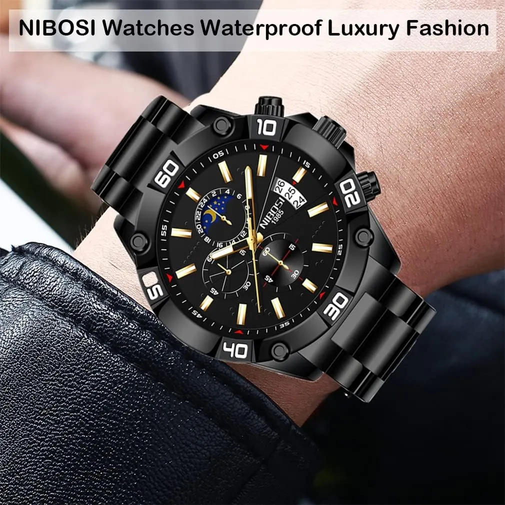 NIBOSI Watches for Men Fashion Stainless Steel Business Casual Luxury Waterproof Luminous Dress Analog Chronograph Luminous Large Big Face Dad Father Gifts Gold Black Wrist Watch