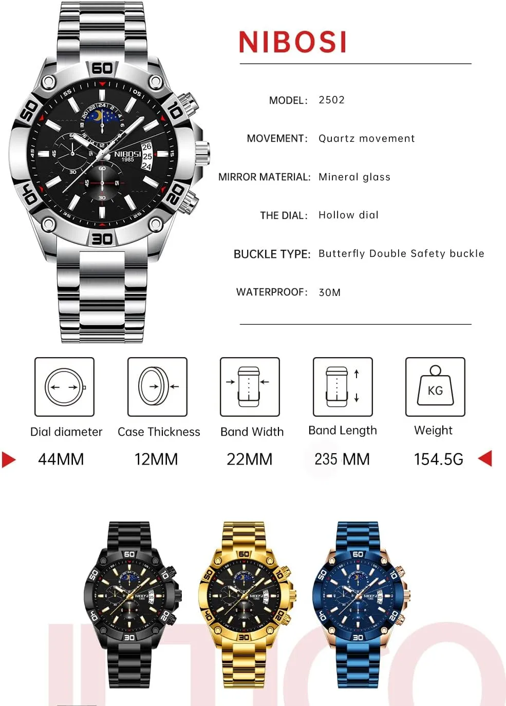 NIBOSI Watches for Men Fashion Stainless Steel Business Casual Luxury Waterproof Luminous Dress Analog Chronograph Luminous Large Big Face Dad Father Gifts Gold Black Wrist Watch