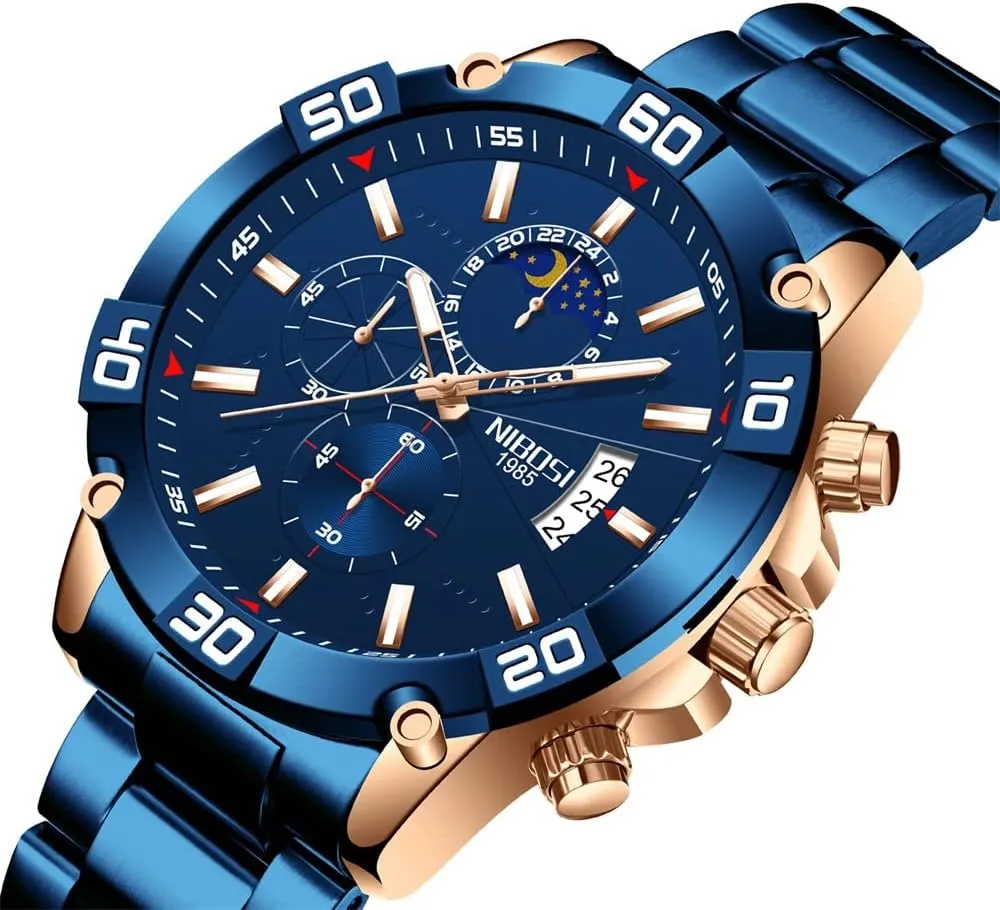 NIBOSI Watches for Men Fashion Stainless Steel Business Casual Luxury Waterproof Luminous Dress Analog Chronograph Luminous Large Big Face Dad Father Gifts Gold Black Wrist Watch