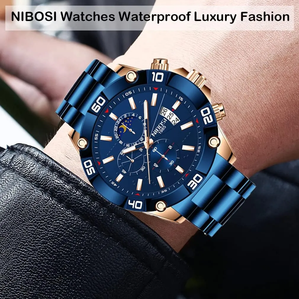 NIBOSI Watches for Men Fashion Stainless Steel Business Casual Luxury Waterproof Luminous Dress Analog Chronograph Luminous Large Big Face Dad Father Gifts Gold Black Wrist Watch