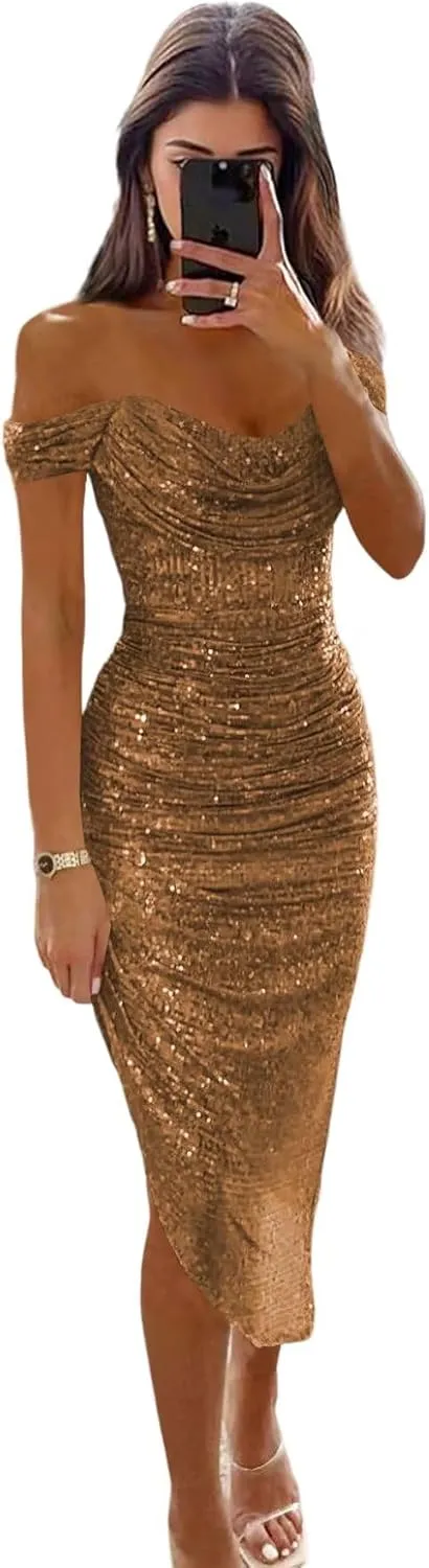 Off The Shoulder Prom Dresses Mermaid for Women 2025 Saprkly Sequin Pleated Formal Midi Gowns