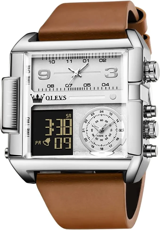 OLEVS Men's Sport Watch Large Face Digital & Analog Quartz Wrist Watch with LED Square Multi-Time Zone Waterproof Stopwatch
