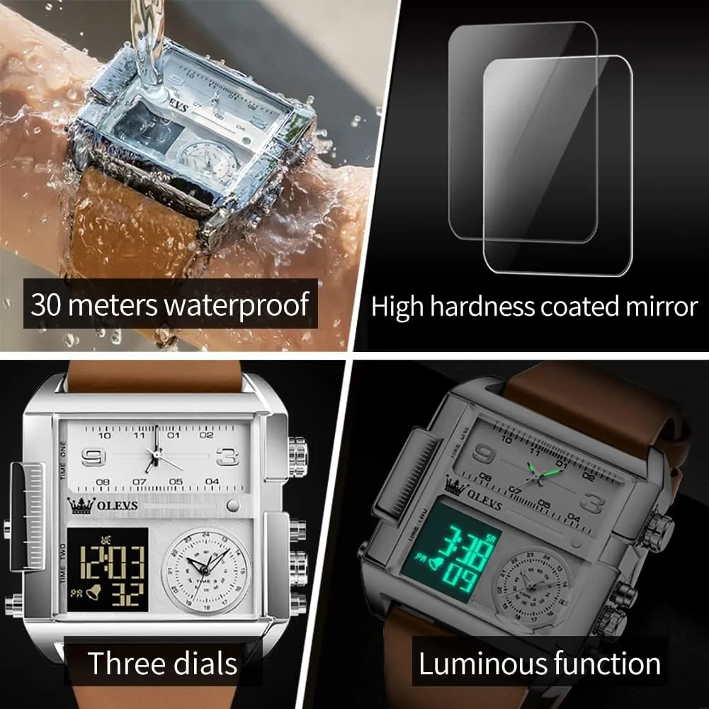 OLEVS Men's Sport Watch Large Face Digital & Analog Quartz Wrist Watch with LED Square Multi-Time Zone Waterproof Stopwatch