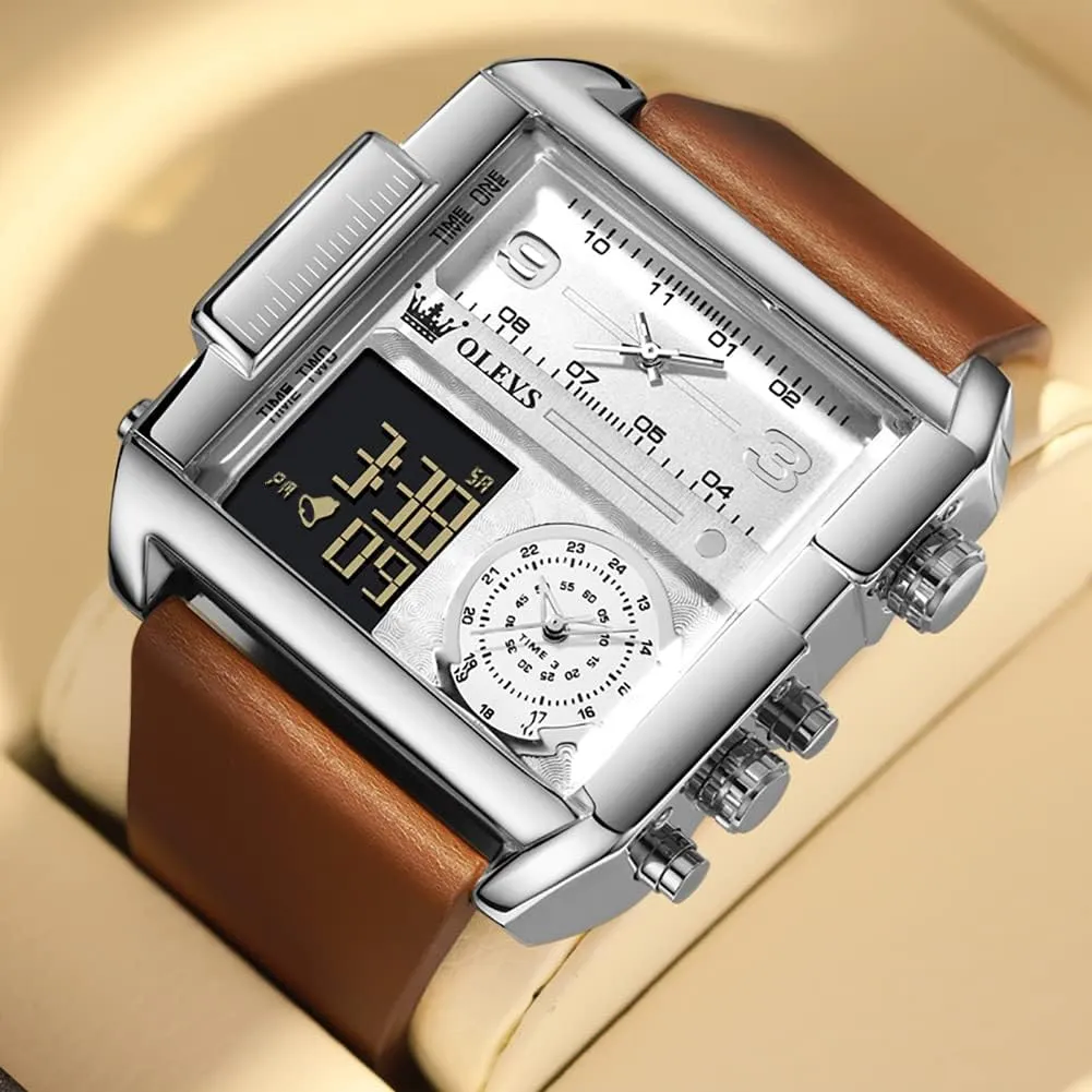 OLEVS Men's Sport Watch Large Face Digital & Analog Quartz Wrist Watch with LED Square Multi-Time Zone Waterproof Stopwatch