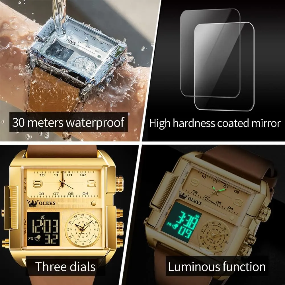 OLEVS Men's Sport Watch Large Face Digital & Analog Quartz Wrist Watch with LED Square Multi-Time Zone Waterproof Stopwatch