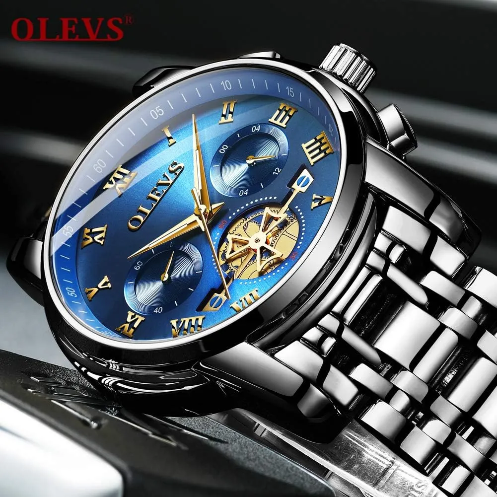 OLEVS Men's Waterproof Watches Stainless Steel Waterproof Chronograph Wrist Watches Luxury Dress White Luminous Big Face Analog Quartz Male Watches
