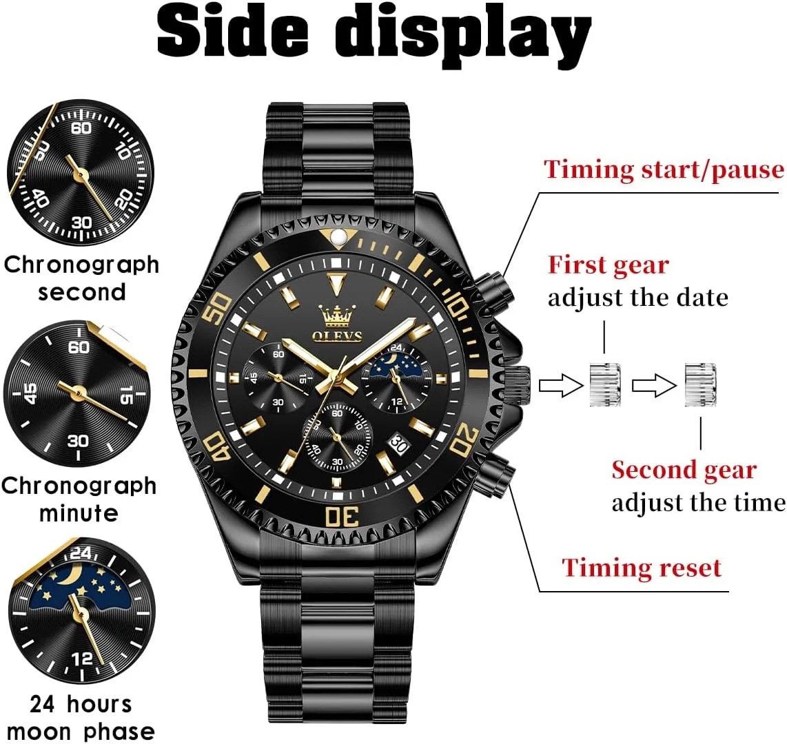 OLEVS Men's Waterproof Watches Stainless Steel Waterproof Chronograph Wrist Watches Luxury Dress White Luminous Big Face Analog Quartz Male Watches