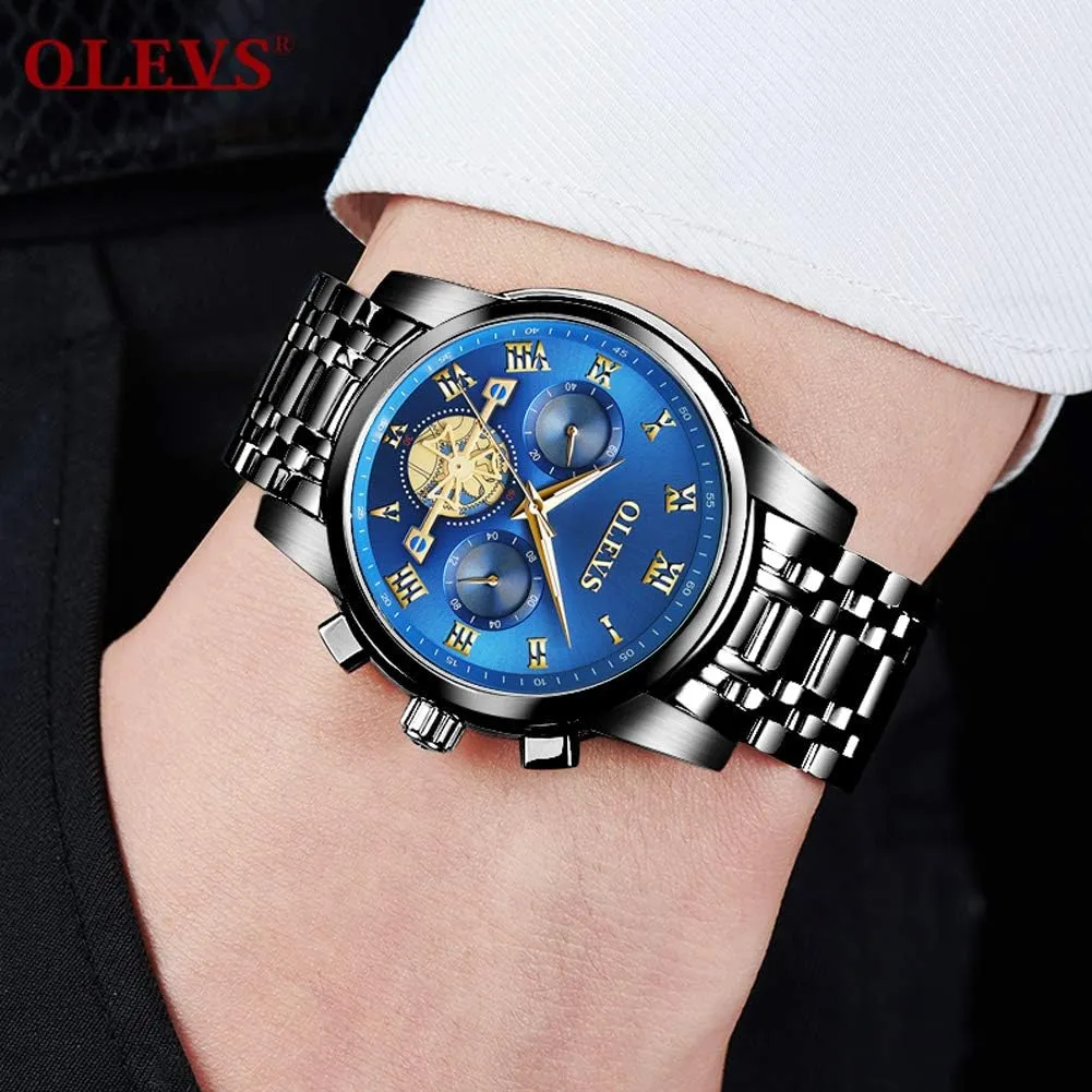 OLEVS Men's Waterproof Watches Stainless Steel Waterproof Chronograph Wrist Watches Luxury Dress White Luminous Big Face Analog Quartz Male Watches