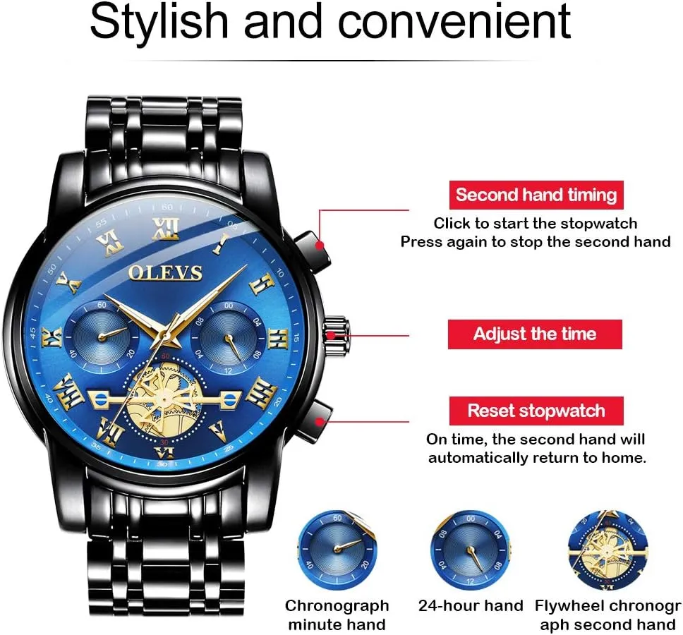 OLEVS Men's Waterproof Watches Stainless Steel Waterproof Chronograph Wrist Watches Luxury Dress White Luminous Big Face Analog Quartz Male Watches