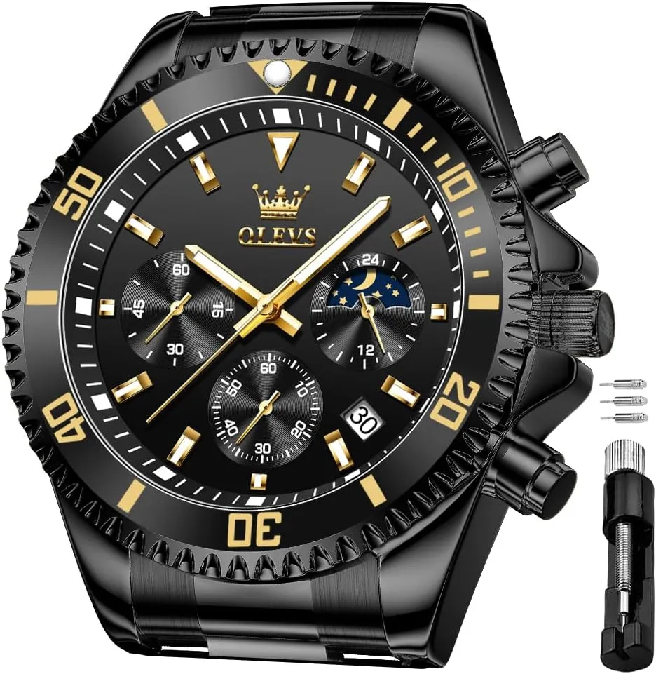 OLEVS Men's Waterproof Watches Stainless Steel Waterproof Chronograph Wrist Watches Luxury Dress White Luminous Big Face Analog Quartz Male Watches
