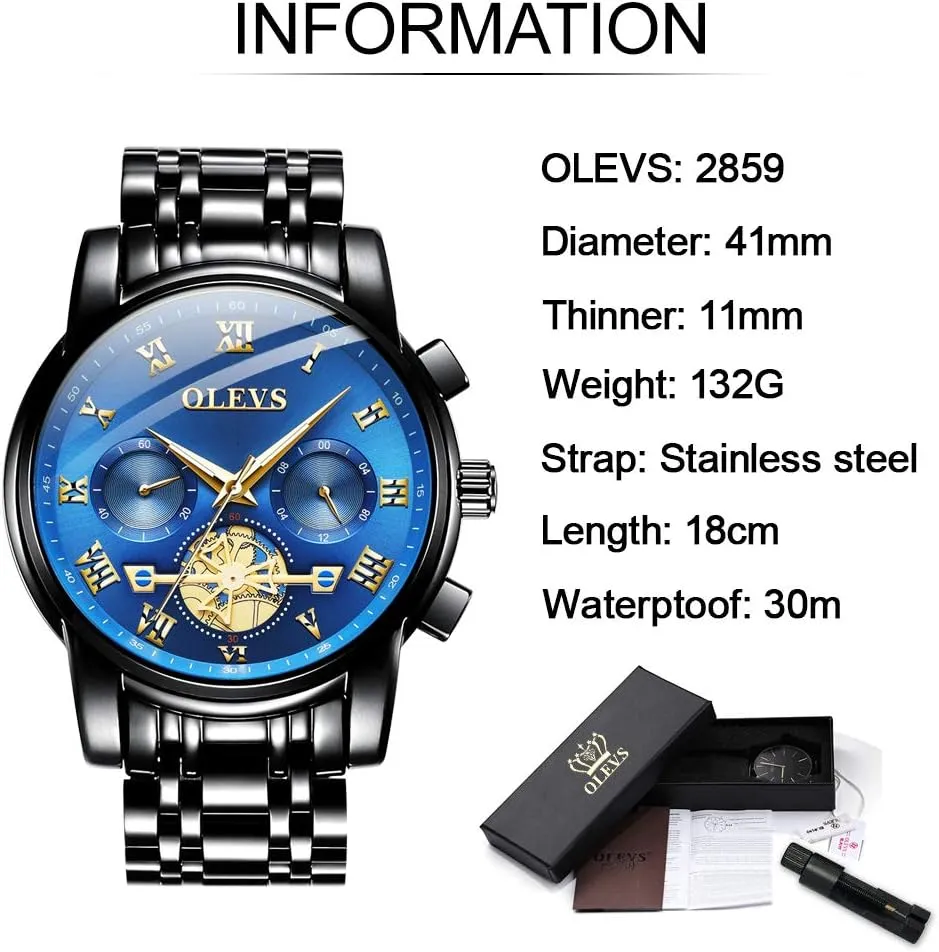 OLEVS Men's Waterproof Watches Stainless Steel Waterproof Chronograph Wrist Watches Luxury Dress White Luminous Big Face Analog Quartz Male Watches