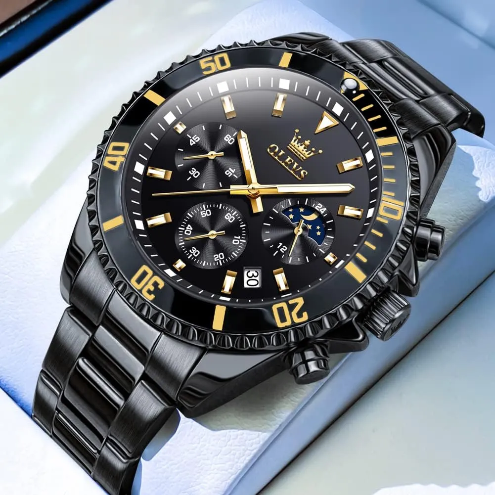 OLEVS Men's Waterproof Watches Stainless Steel Waterproof Chronograph Wrist Watches Luxury Dress White Luminous Big Face Analog Quartz Male Watches