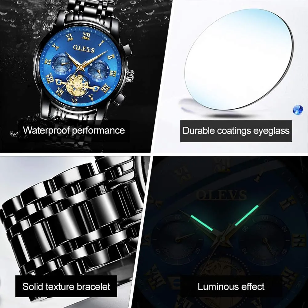 OLEVS Men's Waterproof Watches Stainless Steel Waterproof Chronograph Wrist Watches Luxury Dress White Luminous Big Face Analog Quartz Male Watches