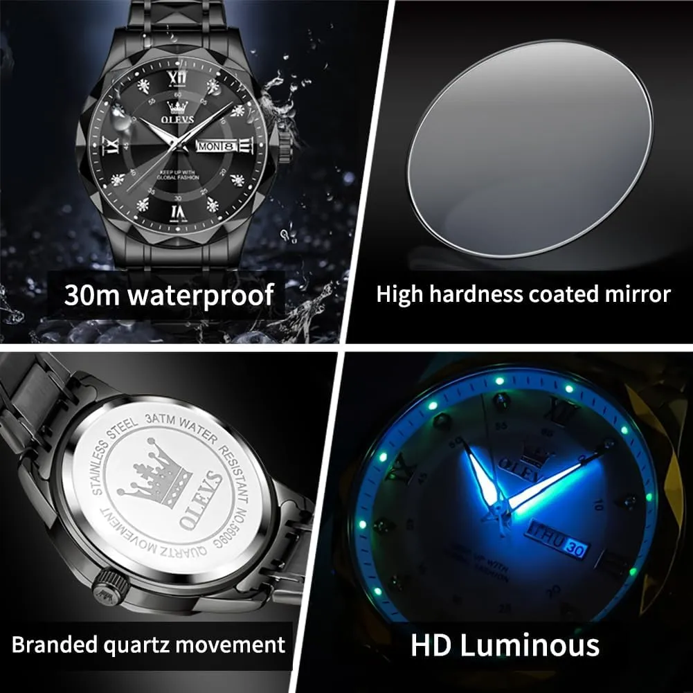 OLEVS Watches for Men Luxury Analog Big Face Mens Watches with Date Diamond Men's Wrist Watches Stainless Steel Waterproof Mens Dress Watch Casual Business Quartz Watch(Silver/Black/Blue/Gold Face)
