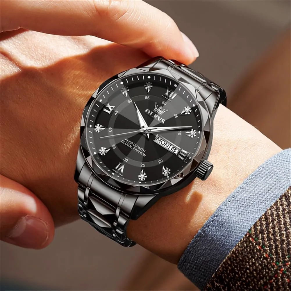 OLEVS Watches for Men Luxury Analog Big Face Mens Watches with Date Diamond Men's Wrist Watches Stainless Steel Waterproof Mens Dress Watch Casual Business Quartz Watch(Silver/Black/Blue/Gold Face)