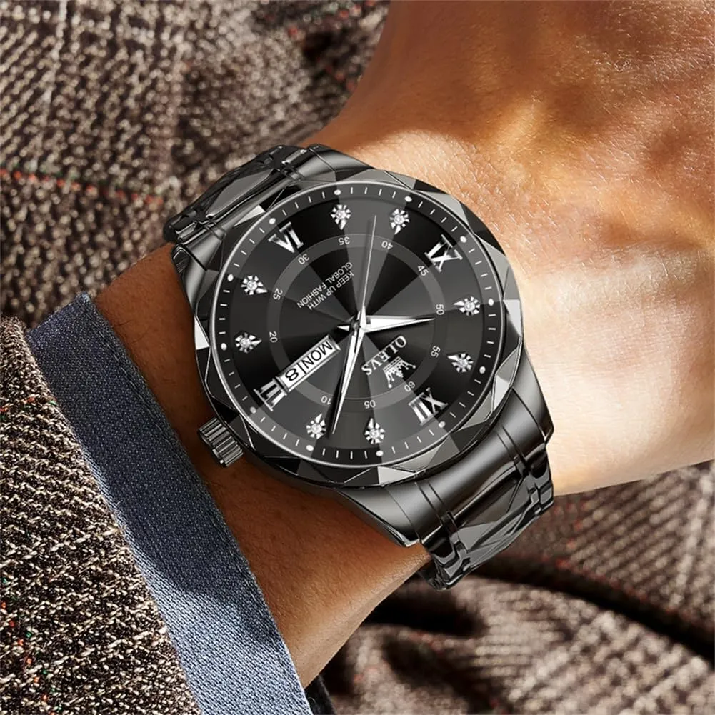 OLEVS Watches for Men Luxury Analog Big Face Mens Watches with Date Diamond Men's Wrist Watches Stainless Steel Waterproof Mens Dress Watch Casual Business Quartz Watch(Silver/Black/Blue/Gold Face)
