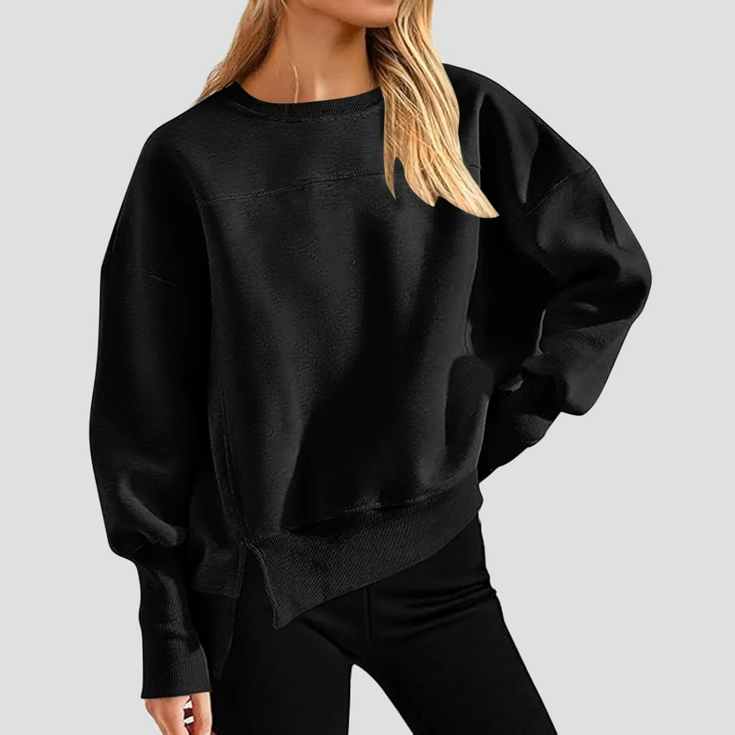 Oversized Crewneck Sweatshirt Women High Low Fleece Pullover Side Slit Drop Shoulder Soft Fall Sweatshirts No Hood