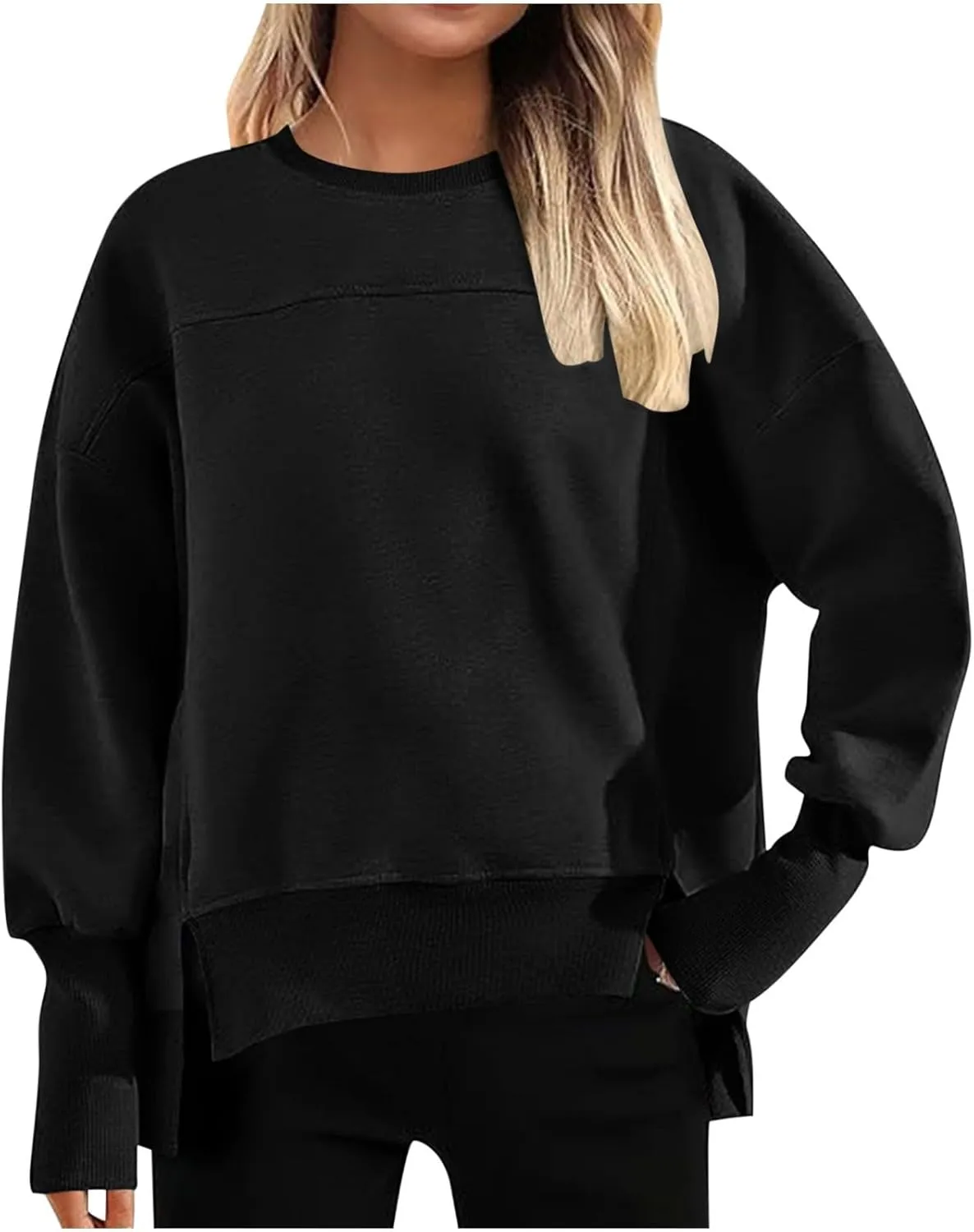 Oversized Crewneck Sweatshirt Women High Low Fleece Pullover Side Slit Drop Shoulder Soft Fall Sweatshirts No Hood