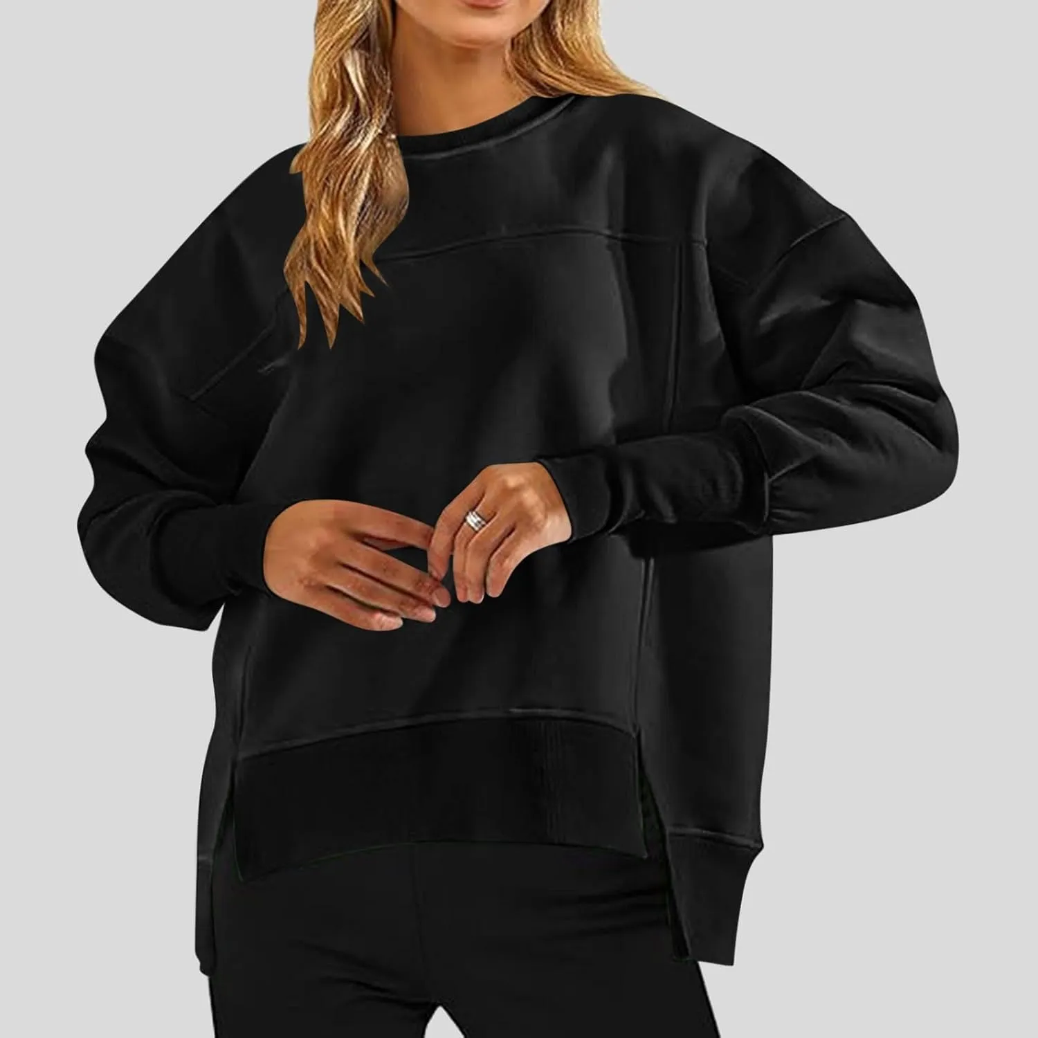 Oversized Crewneck Sweatshirt Women High Low Fleece Pullover Side Slit Drop Shoulder Soft Fall Sweatshirts No Hood