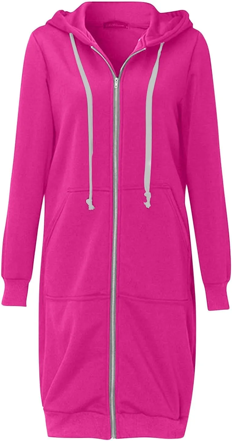 Oversized Hoodies for Women Zip Up Knee Length Tunic Sweatshirts Casual Long Sleeve Spring Hooded Jackets with Pocket