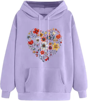 Oversized Sweatshirt for Women Heart Print Hoodie Cute Long Sleeve Sweatshirts Fleece Lined Hoodies with Pocket