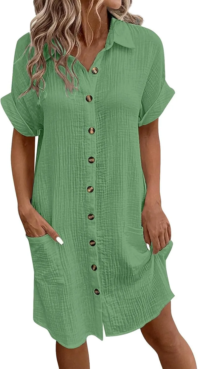 Palaver Summer Dresses for Women 2025 Casual Button Down Short Sleeve Tshirt Dress Boho Vacation Midi Dresses with Pockets