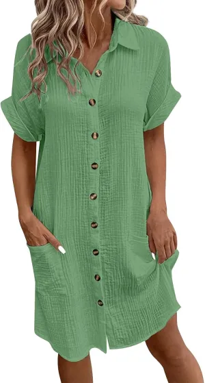 Palaver Summer Dresses for Women 2025 Casual Button Down Short Sleeve Tshirt Dress Boho Vacation Midi Dresses with Pockets