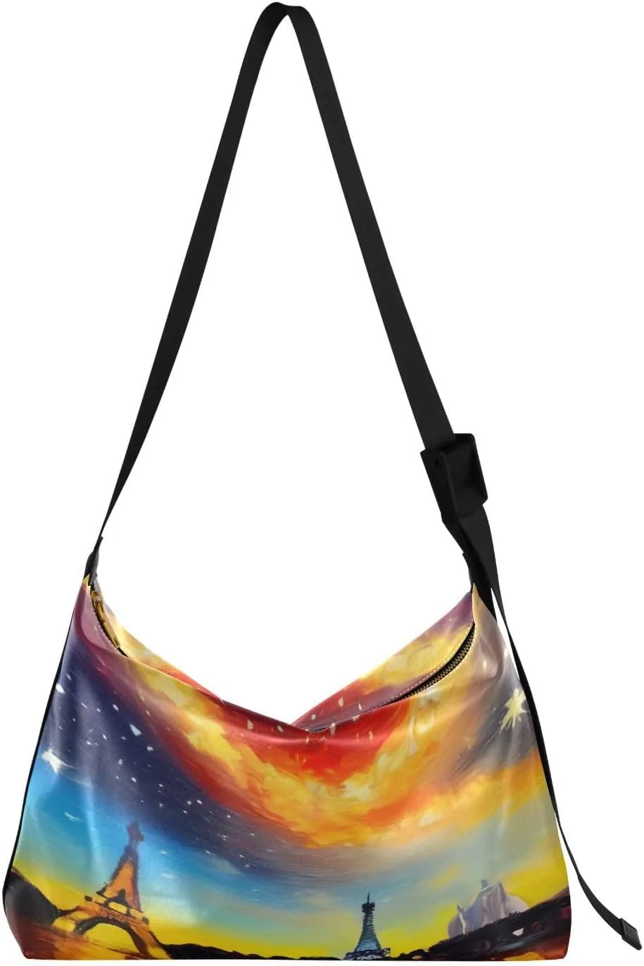 Paris Magic Night Hobo Crossbody Bags for Women Leather Large Shoulder Bag Cross Body Oil Painting Fantasy Trendy Womens Tote Bags Handbag for Travel Shopping