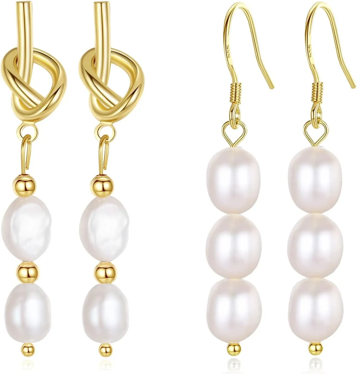 Pearl Earrings for Women 14K Gold Plated Freshwater Cultured Baroque Pearl drop Earrings Dangle for Mother Wife Her 2 Pairs (Gold dangle with 2 or 3 pearls)