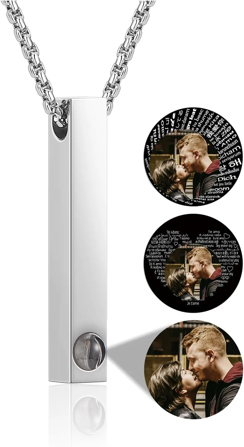 Personalized Photo Necklace Projection Necklace with Picture Inside Custom Photo Vertical Cuboid Bar Pendant Necklace Personalized Memorial Gifts for Women Men