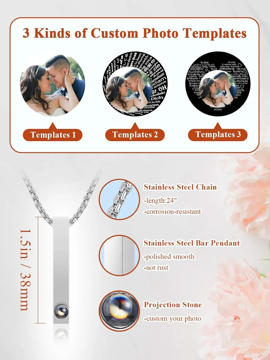 Personalized Photo Necklace Projection Necklace with Picture Inside Custom Photo Vertical Cuboid Bar Pendant Necklace Personalized Memorial Gifts for Women Men