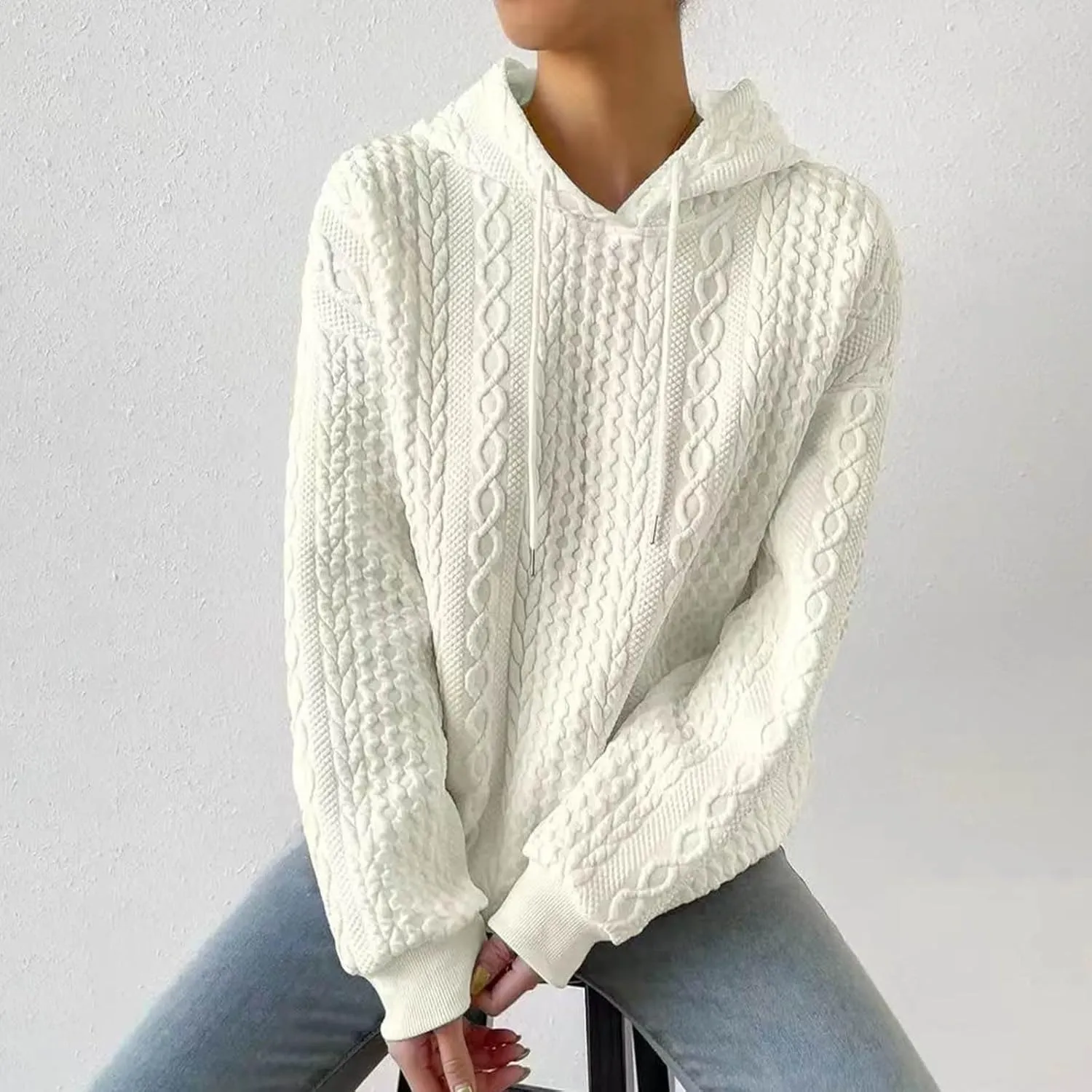 PETYCZEN Fall Sweatshirts for Women Casual Long Sleeve Lightweight Cable Knit Oversized Hoodie Drawstring Pullover Tops