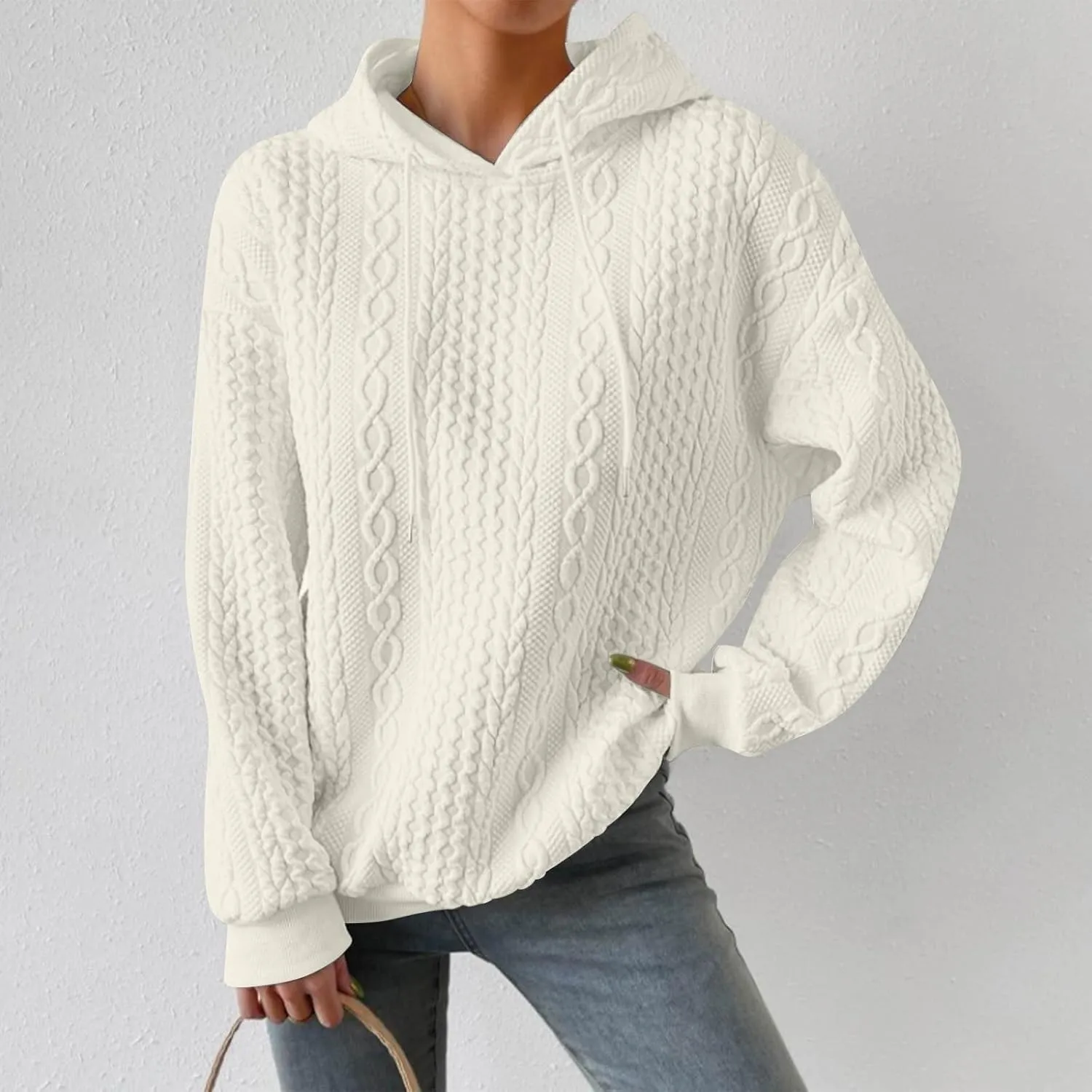 PETYCZEN Fall Sweatshirts for Women Casual Long Sleeve Lightweight Cable Knit Oversized Hoodie Drawstring Pullover Tops