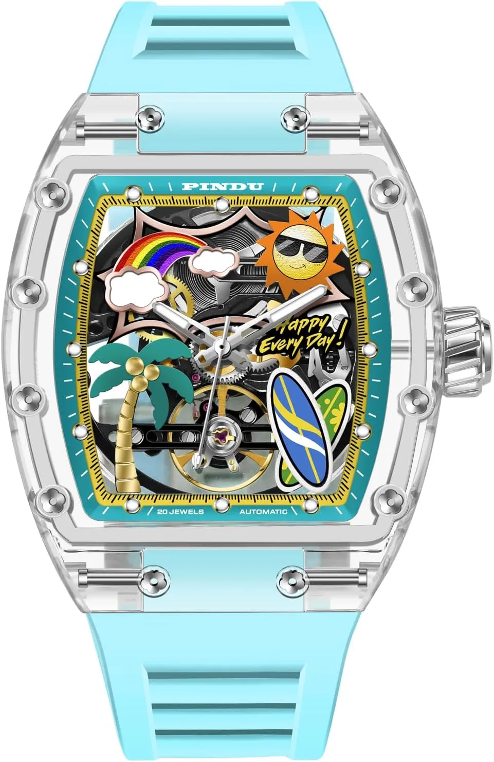 PINDU Automatic Watches for Men, Tonneau Refreshing Beach Style Skeleton Watches for Men Mechanical 50M Waterproof Analogue Mens Unique Cool Square Big Face Dial Wrist with Silicone Strap Band