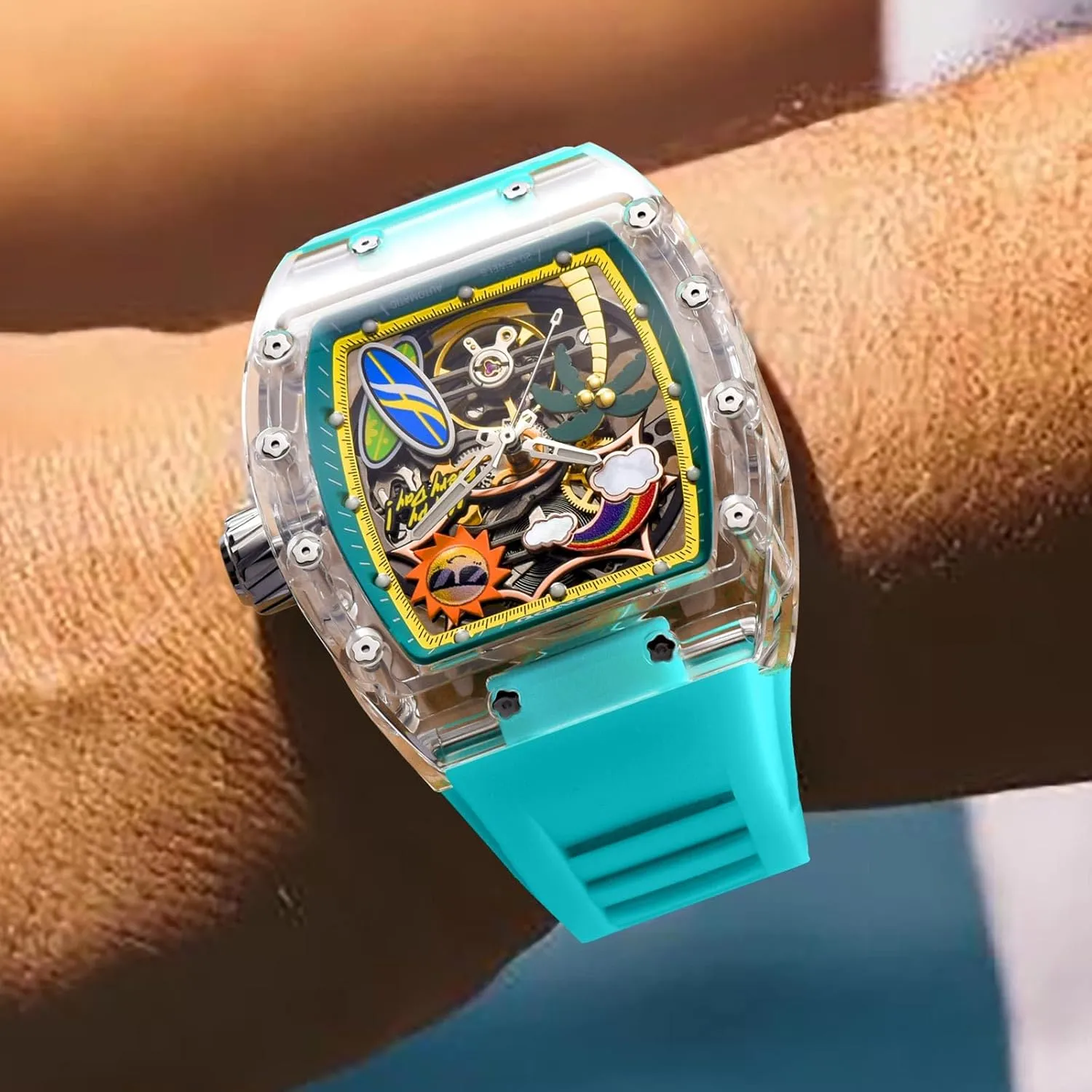 PINDU Automatic Watches for Men, Tonneau Refreshing Beach Style Skeleton Watches for Men Mechanical 50M Waterproof Analogue Mens Unique Cool Square Big Face Dial Wrist with Silicone Strap Band