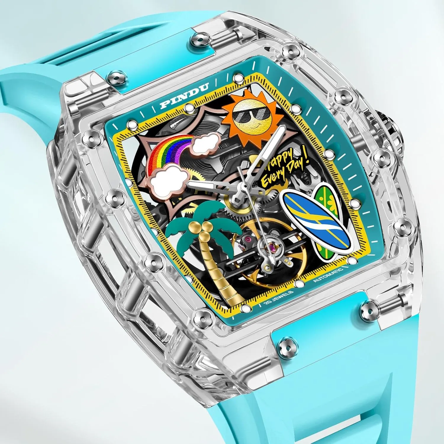 PINDU Automatic Watches for Men, Tonneau Refreshing Beach Style Skeleton Watches for Men Mechanical 50M Waterproof Analogue Mens Unique Cool Square Big Face Dial Wrist with Silicone Strap Band