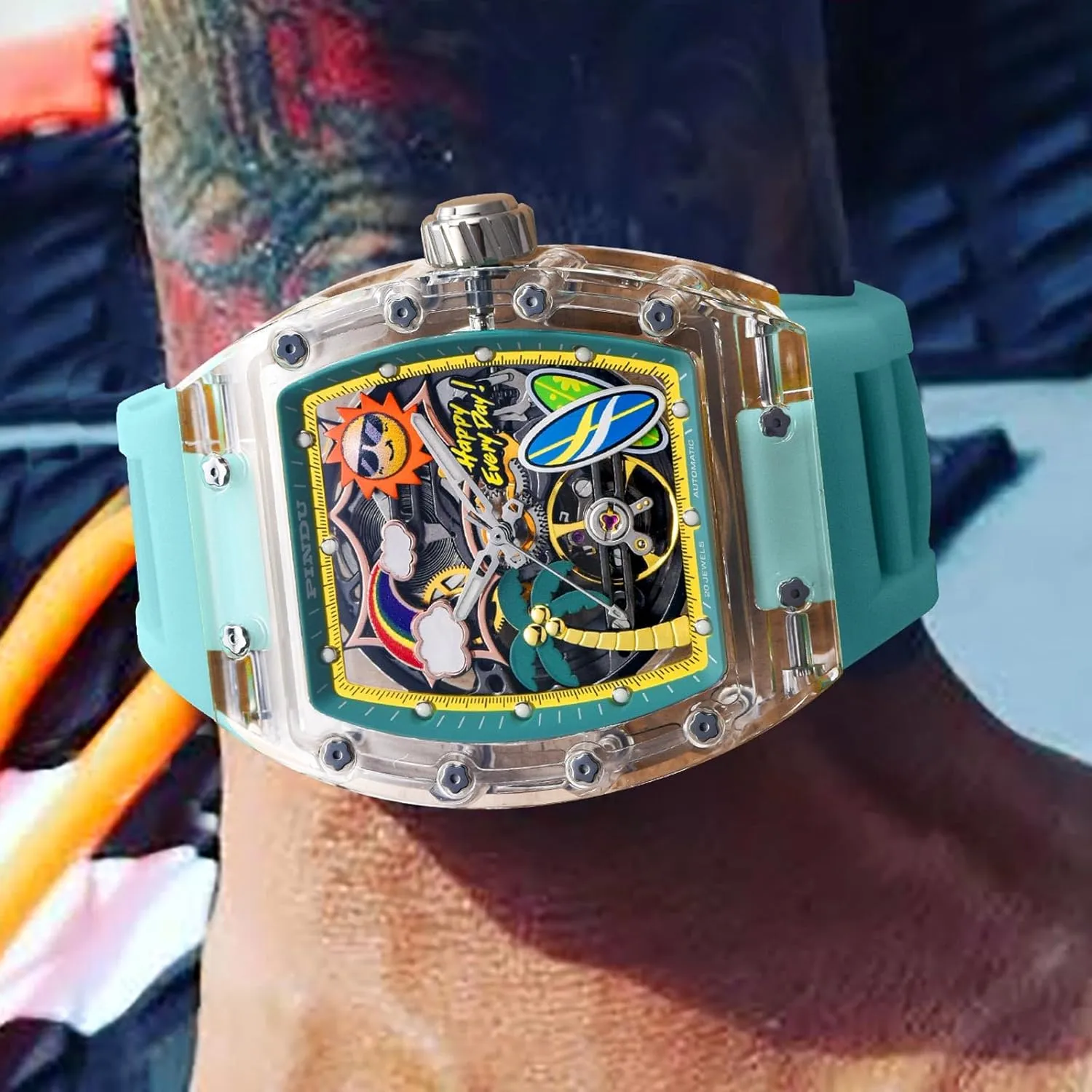 PINDU Automatic Watches for Men, Tonneau Refreshing Beach Style Skeleton Watches for Men Mechanical 50M Waterproof Analogue Mens Unique Cool Square Big Face Dial Wrist with Silicone Strap Band