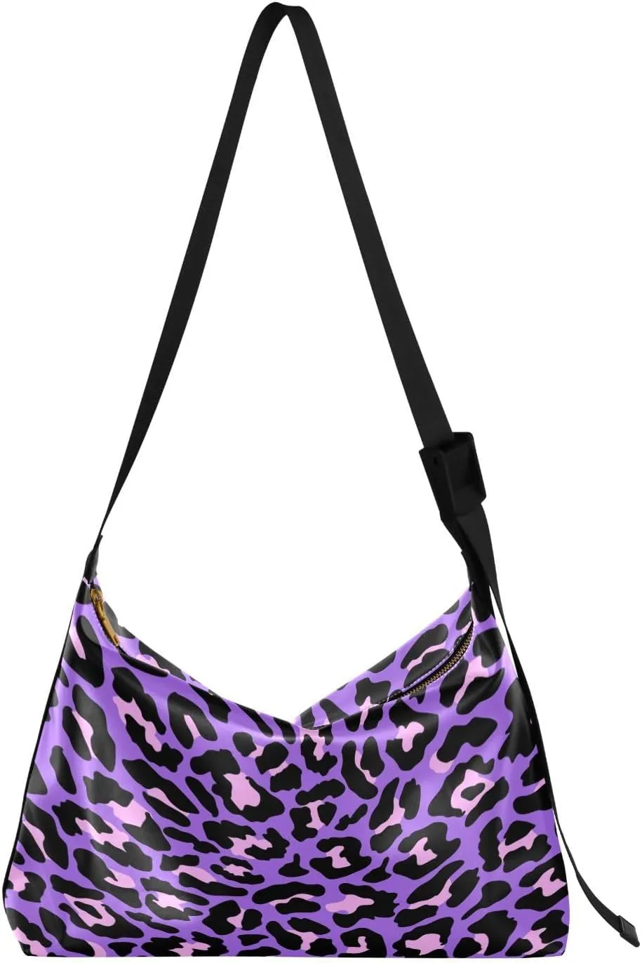 Pink Leopard Hobo Crossbody Bags for Women Leather Large Shoulder Bag Cross Body Neon Purple Trendy Womens Tote Bags Handbag for Travel Shopping