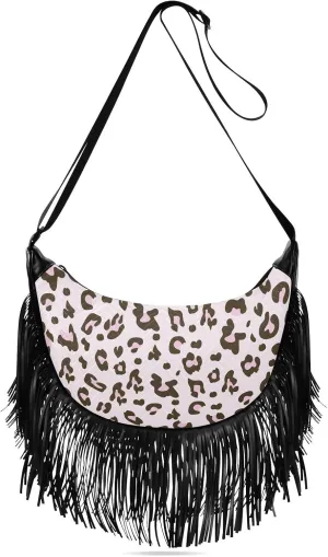 Pink Leopard Skin Animal Print Fringe Bag for Women Cross Body Bag Tassel Shoulder Bag Satchel