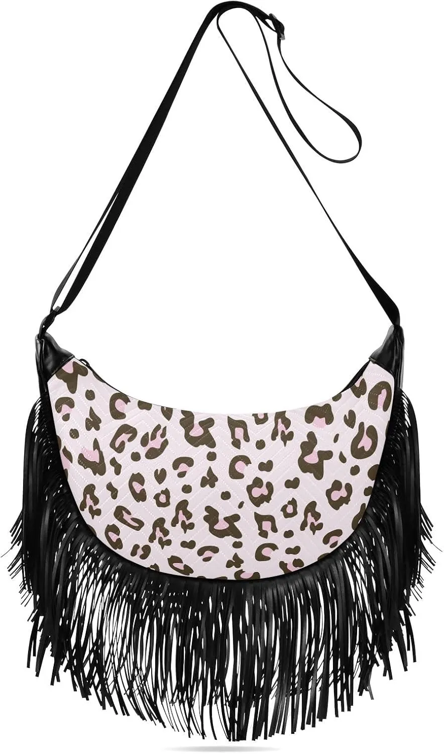 Pink Leopard Skin Animal Print Fringe Bag for Women Cross Body Bag Tassel Shoulder Bag Satchel