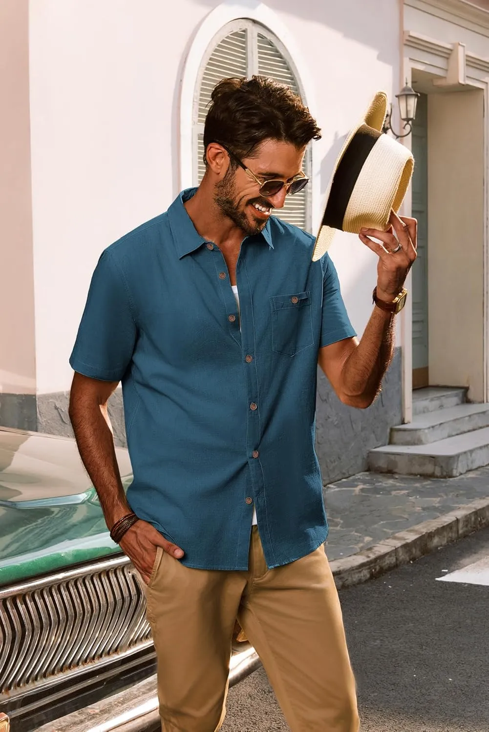PJ PAUL JONES Mens Short Sleeve Button Down Shirts Summer Beach Shirts Untuckit Cotton Shirt with Pocket