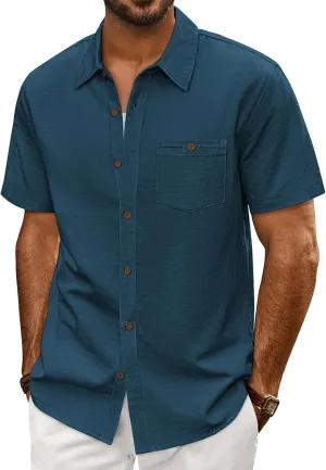 PJ PAUL JONES Mens Short Sleeve Button Down Shirts Summer Beach Shirts Untuckit Cotton Shirt with Pocket