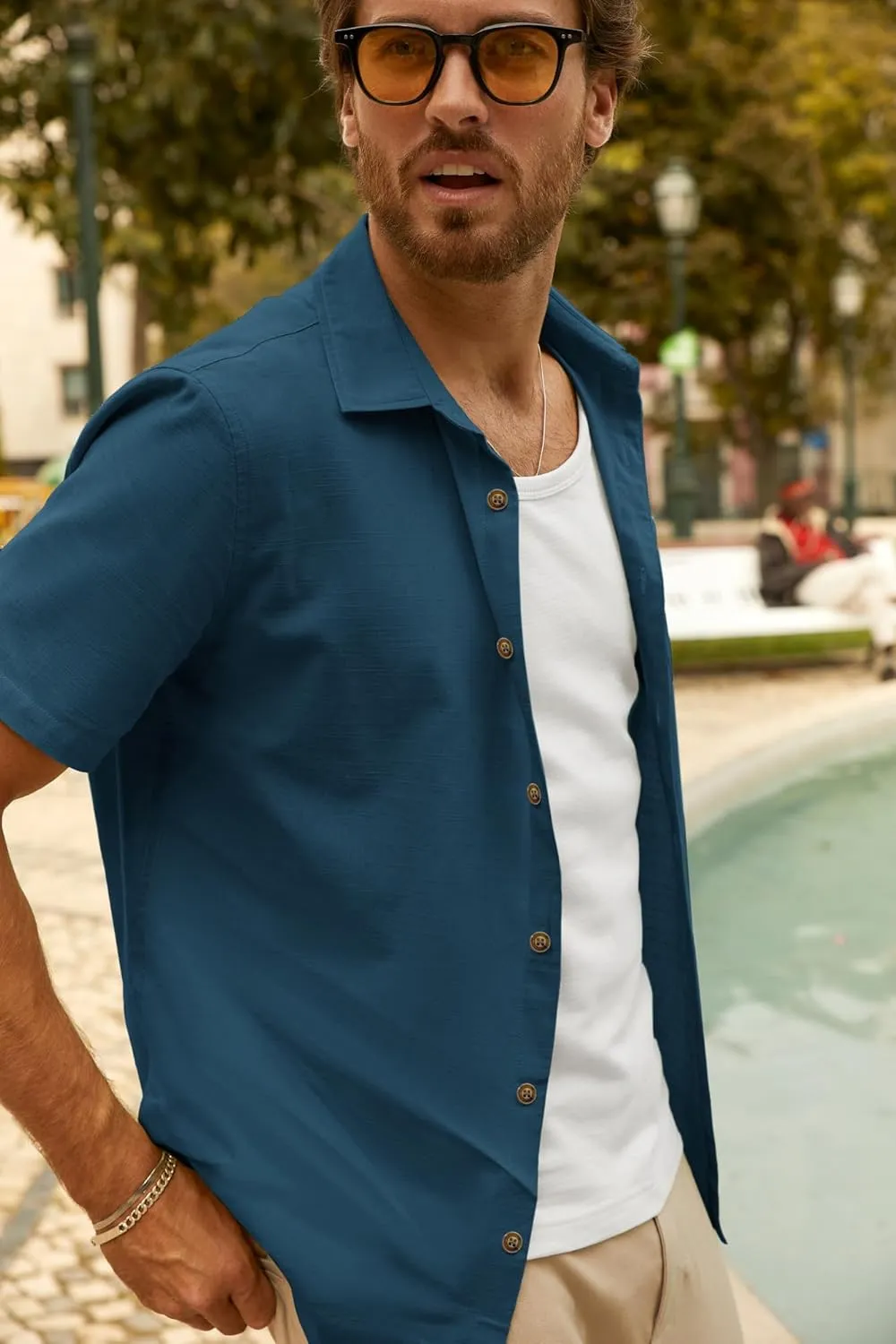 PJ PAUL JONES Mens Short Sleeve Button Down Shirts Summer Beach Shirts Untuckit Cotton Shirt with Pocket