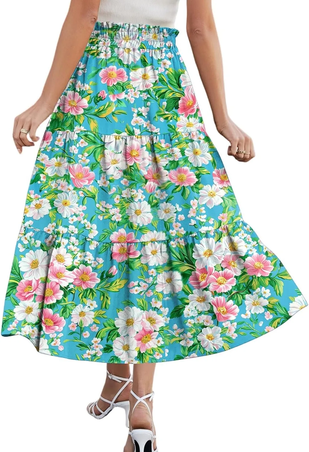 Pleated Casual A Line Midi Skirt Boho Floral Printed Length Skirts for Women Trendy Summer Elastic Waist Skirt