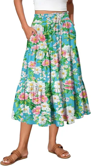 Pleated Casual A Line Midi Skirt Boho Floral Printed Length Skirts for Women Trendy Summer Elastic Waist Skirt