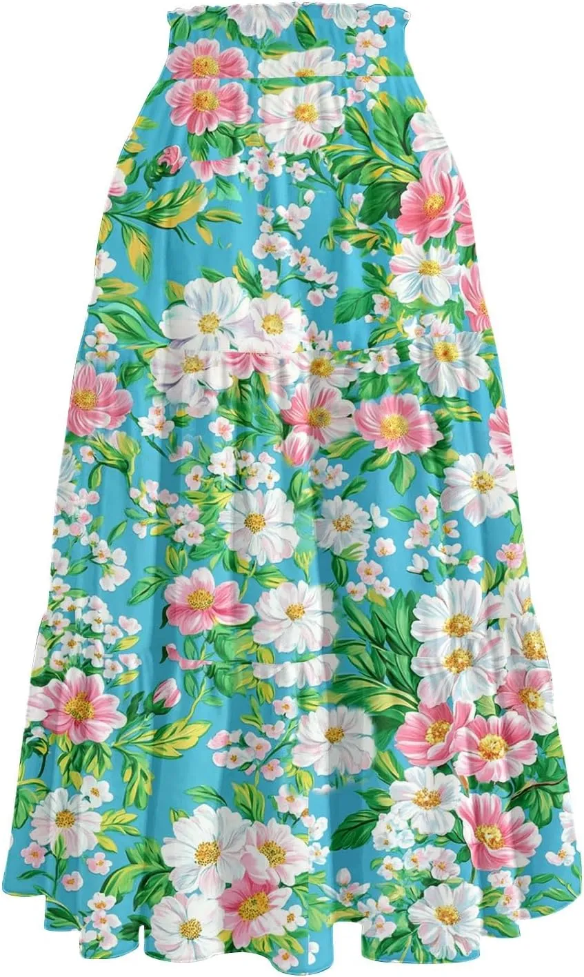 Pleated Casual A Line Midi Skirt Boho Floral Printed Length Skirts for Women Trendy Summer Elastic Waist Skirt