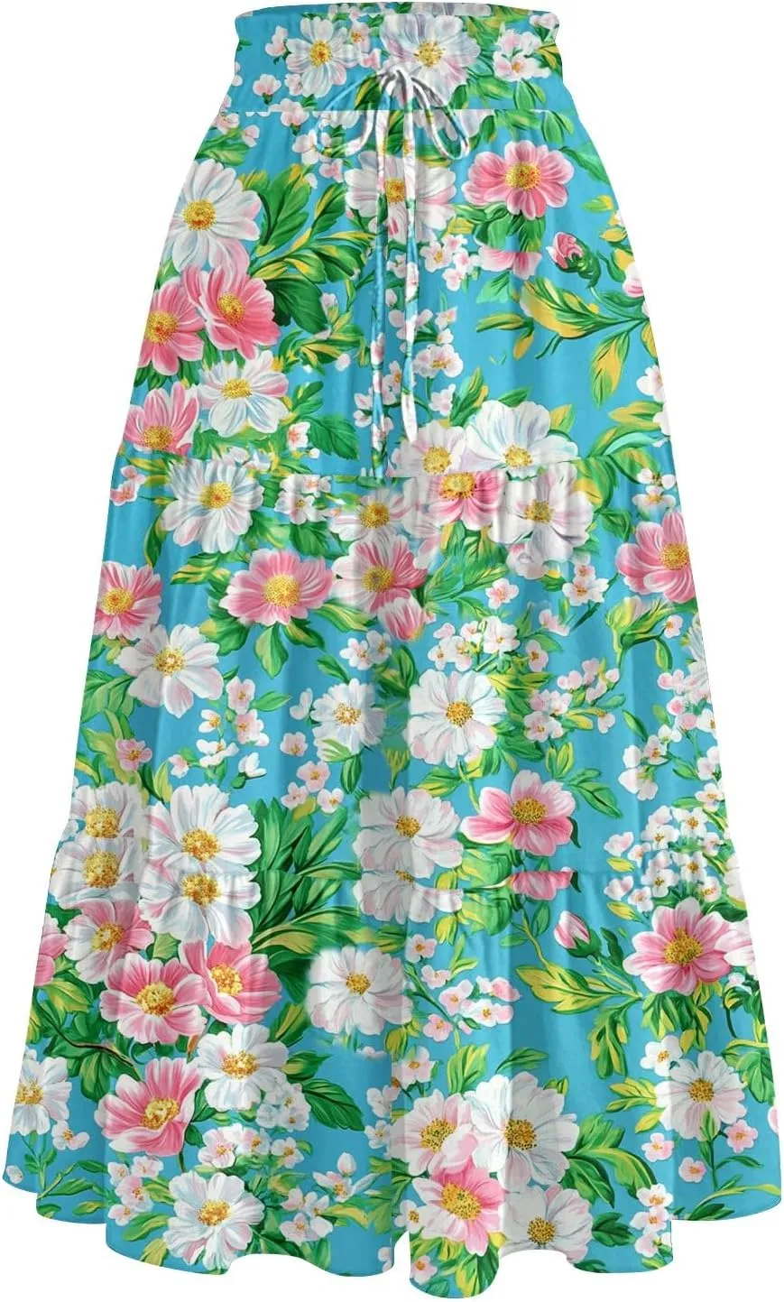 Pleated Casual A Line Midi Skirt Boho Floral Printed Length Skirts for Women Trendy Summer Elastic Waist Skirt